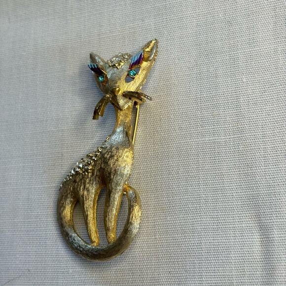 Vintage Mamselle Mid Century Modern Siamese Cat & Rose Brooches Pins - Picture 3 of 8